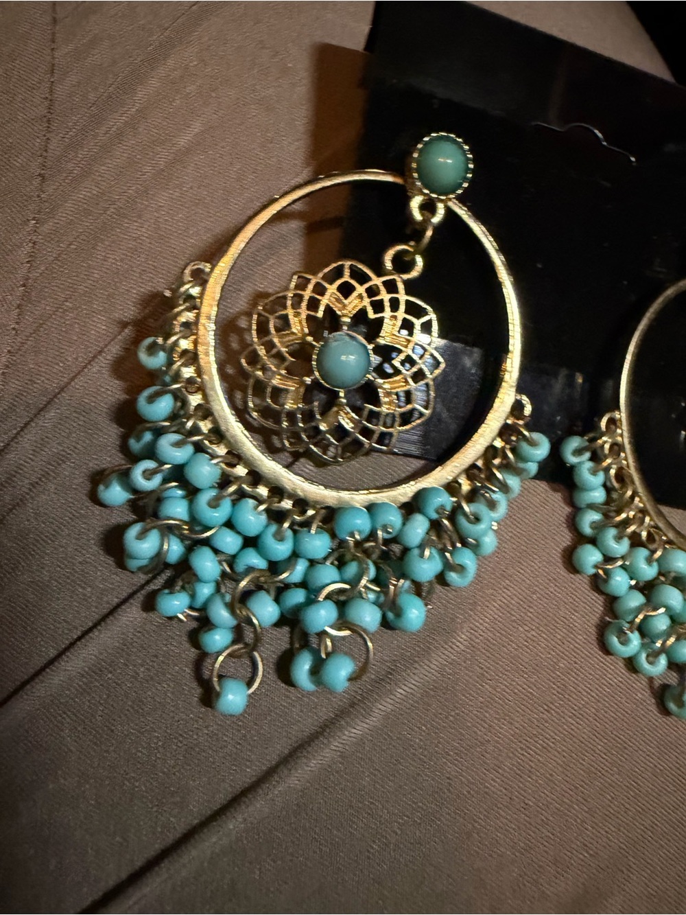 Gold Hoop Earrings with Turquoise Beads - Boho Floral Drop